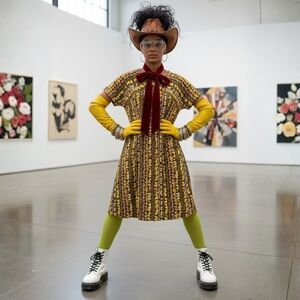 Vintage 70s Handmade Cotton Mod Floral Stripe Shift Dress Brown Yellow M